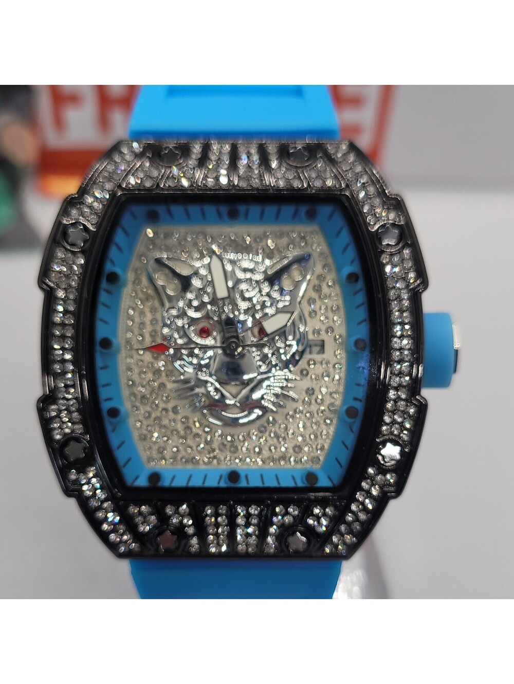 430 aj luxury tonneau blue rubber strap diamond accent analog wristwatch